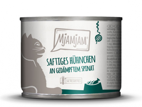 MjAMjAM mit Hühnchen an gedämpftem Spinat für Katzen 6 x 200 g 