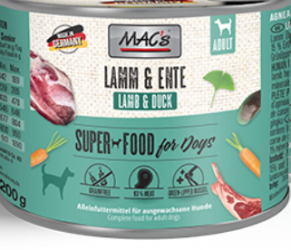 MAC's SUPER FOOD mit Lamm. Ente für Hunde 6 x 200 g 