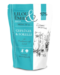 LILOU & ÉMILE mit Geflügel, Forelle für Katzen 12 x 85 g 